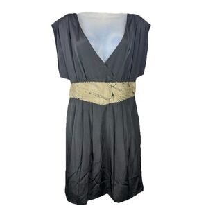 Tibi Silk Babydoll Dress Black Gold Beaded Empire Waist Y2K Cocktail Sz 10
